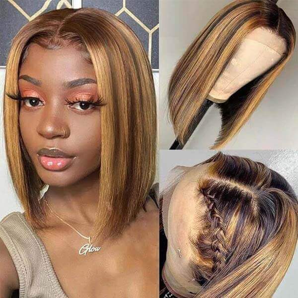 Straight Hair Blonde Highlight Bob Wig T Part Lace Frontal Short Bob Wigs 180% Density-Amanda Hair