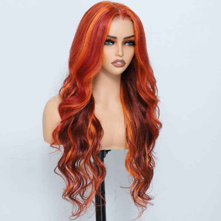 Highlight Ginger Loose Wave 13x4/7x5 HD Lace Front Wig Highlights Orange Color Human Hair Wigs-Amanda Hair