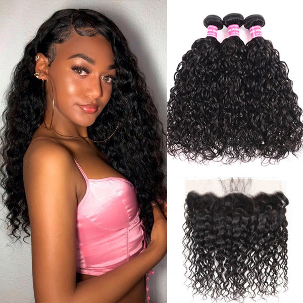 Amanda Mongolian Hair Water Wave 3 Bundles With 13*4 Lace Frontal 10A Grade 100% Remi Human Hair Attractive Curly Wave Hair