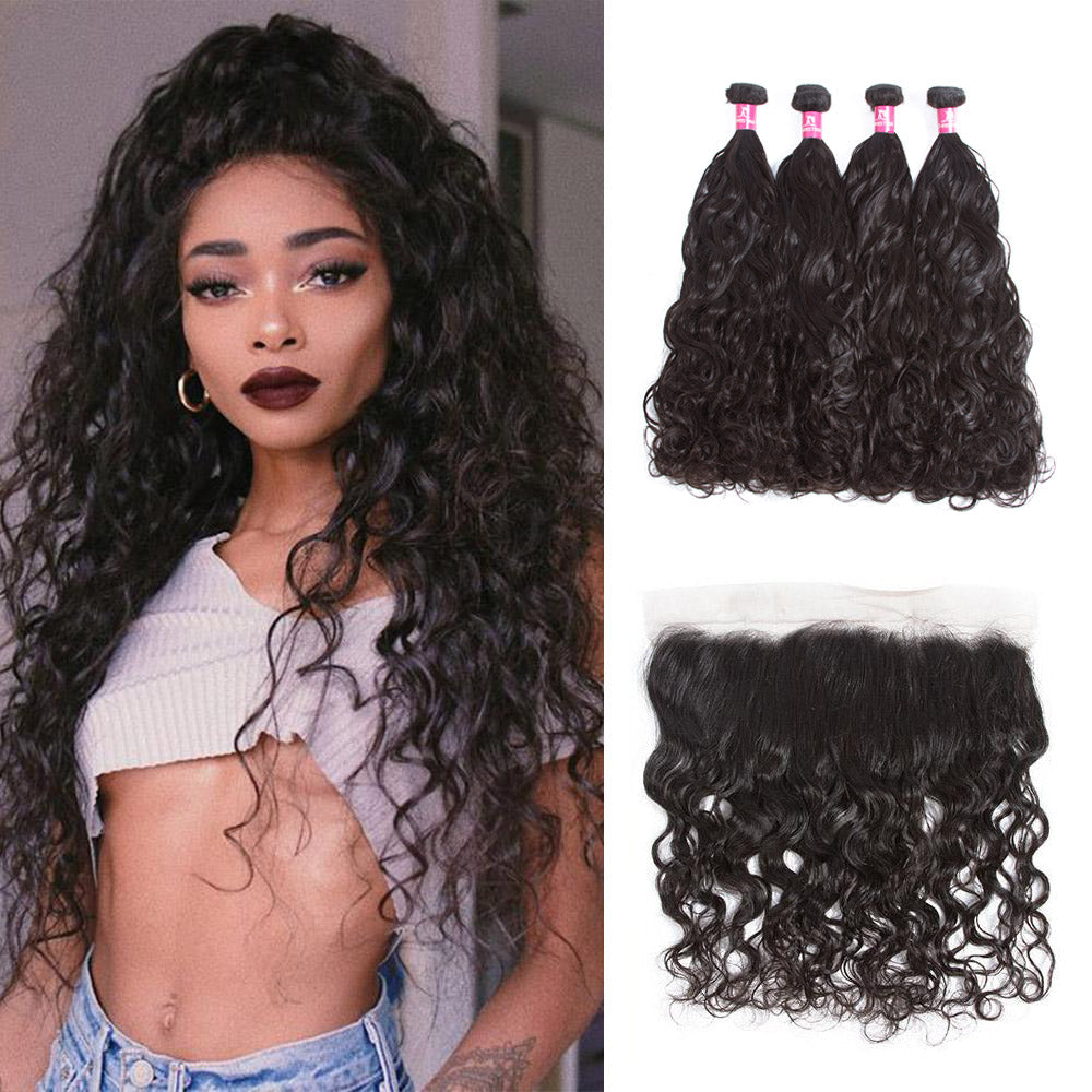 Water Wave 4 Bundles With 13*4 Lace Frontal 10A Grade Brazilian Hair 100% Remi Human Hair Soft Shiny Wave Hair - Amanda Hair