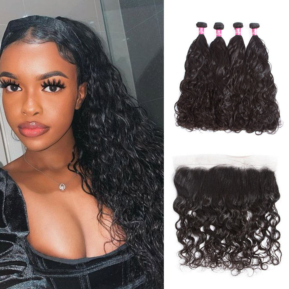 Amanda Malaysian Hair Water Wave 4 Bundles With 13*4 Lace Frontal 10A Grade 100% Remi Human Hair Soft Shiny Wave Hair