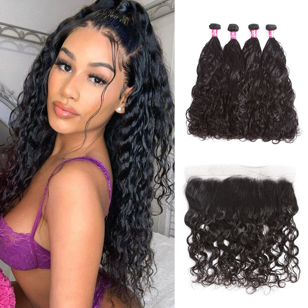 Amanda Mongolian Hair Water Wave 4 Bundles With 13*4 Lace Frontal 10A Grade 100% Remi Human Hair Soft Shiny Wave Hair