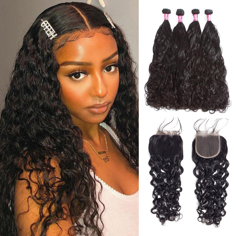 Amanda Malaysian Hair Water Wave 4 Bundles With 4*4 Lace Closure 10A Grade 100% Remi Human Hair