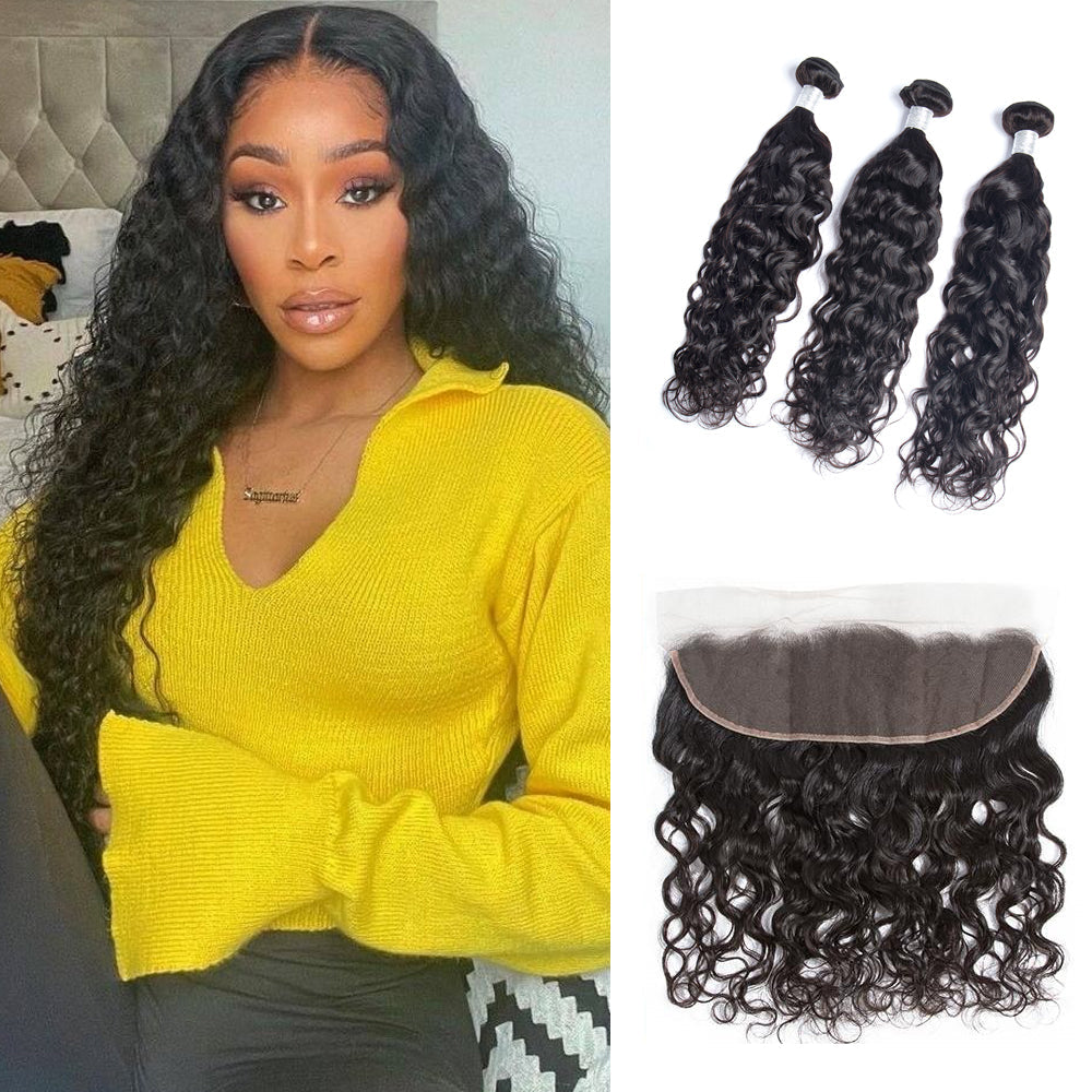 Amanda Malaysian Hair Water Wave 3 Bundles With 13*4 Lace Frontal 9A Grade 100% Unprocessed Human Hair