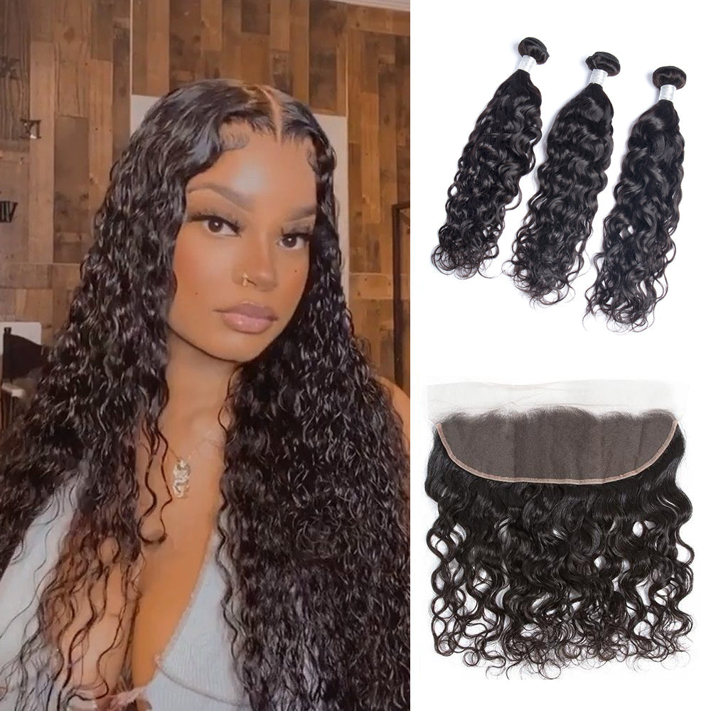 Amanda Mongolian Hair Water Wave 3 Bundles With 13*4 Lace Frontal 9A Grade 100% Unprocessed Human Hair