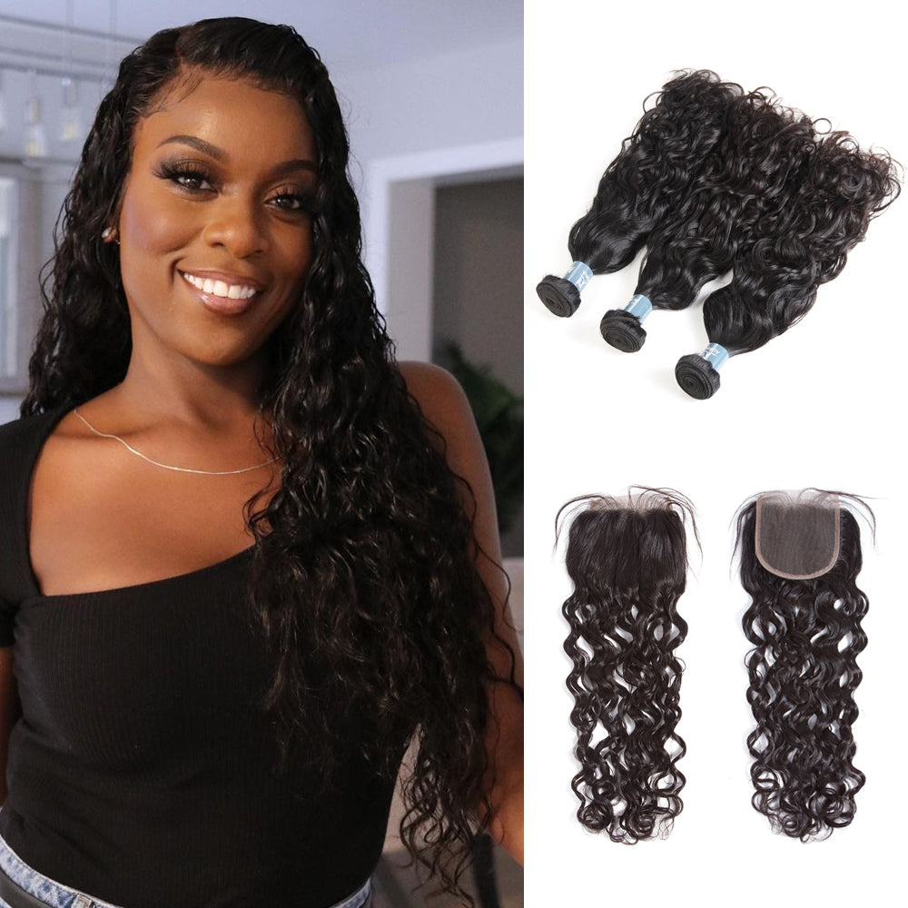 Amanda Indian Hair Water Wave 3 Bundles With 4*4 Lace Closure 9A Grade 100% Unprocessed Human Hair