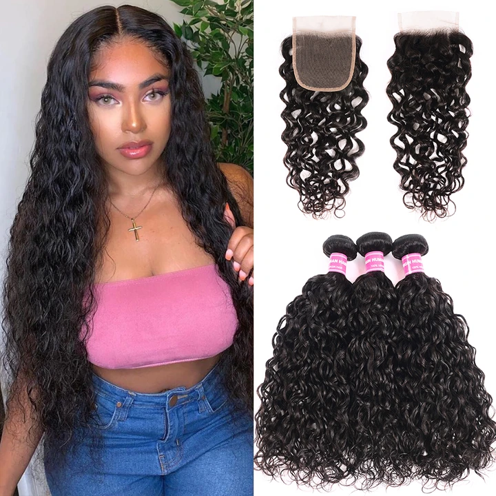 Amanda Indian Hair Water Wave 3 Bundles With 4*4 Lace Closure 10A Grade 100% Remi Human Hair Hot Sell Wave Bundles Hair Extensions
