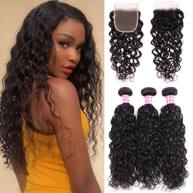 Amanda Malaysian Hair Water Wave 3 Bundles With 4*4 Lace Closure 10A Grade 100% Remi Human Hair Hot Sell Wave Bundles Hair Extensions