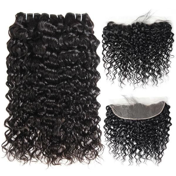 Water Wave Brazilian Hair 3 Bundles With 13*4 Lace Frontal 10A Grade 100% Remi Human Hair Attractive Curly Wave Hair - Amanda Hair