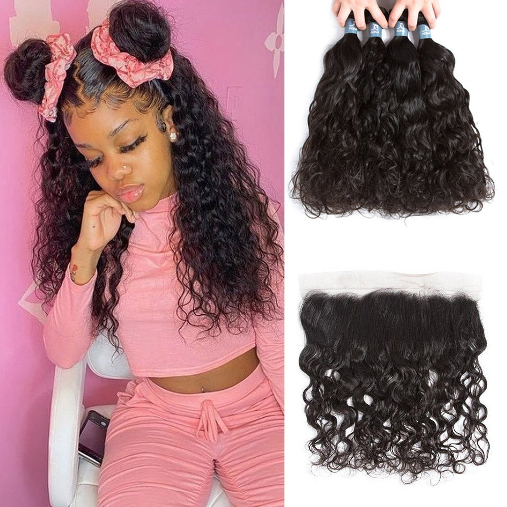 Amanda Indian Hair Water Wave 4 Bundles With 13*4 Lace Frontal 9A Grade 100% Unprocessed Human Hair