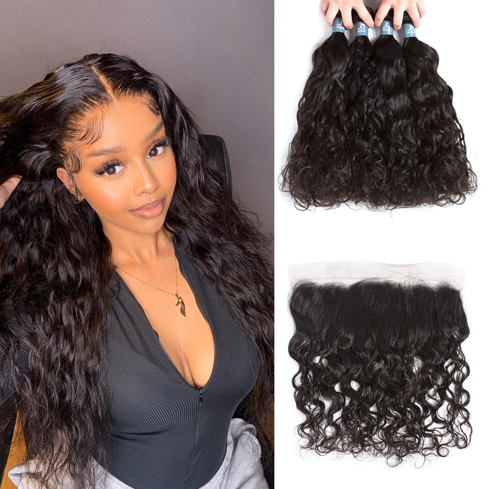 Amanda Malaysian Hair Water Wave 4 Bundles With 13*4 Lace Frontal 9A Grade 100% Unprocessed Human Hair