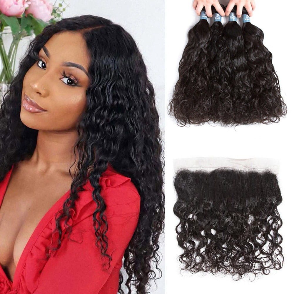 Amanda Mongolian Hair Water Wave 4 Bundles With 13*4 Lace Frontal 9A Grade 100% Unprocessed Human Hair