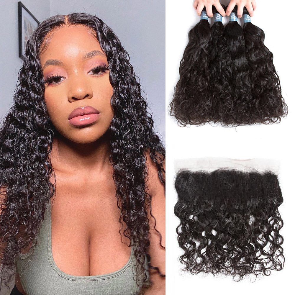 Amanda Peruvian Hair Water Wave 4 Bundles With 13*4 Lace Frontal 9A Grade 100% Unprocessed Human Hair