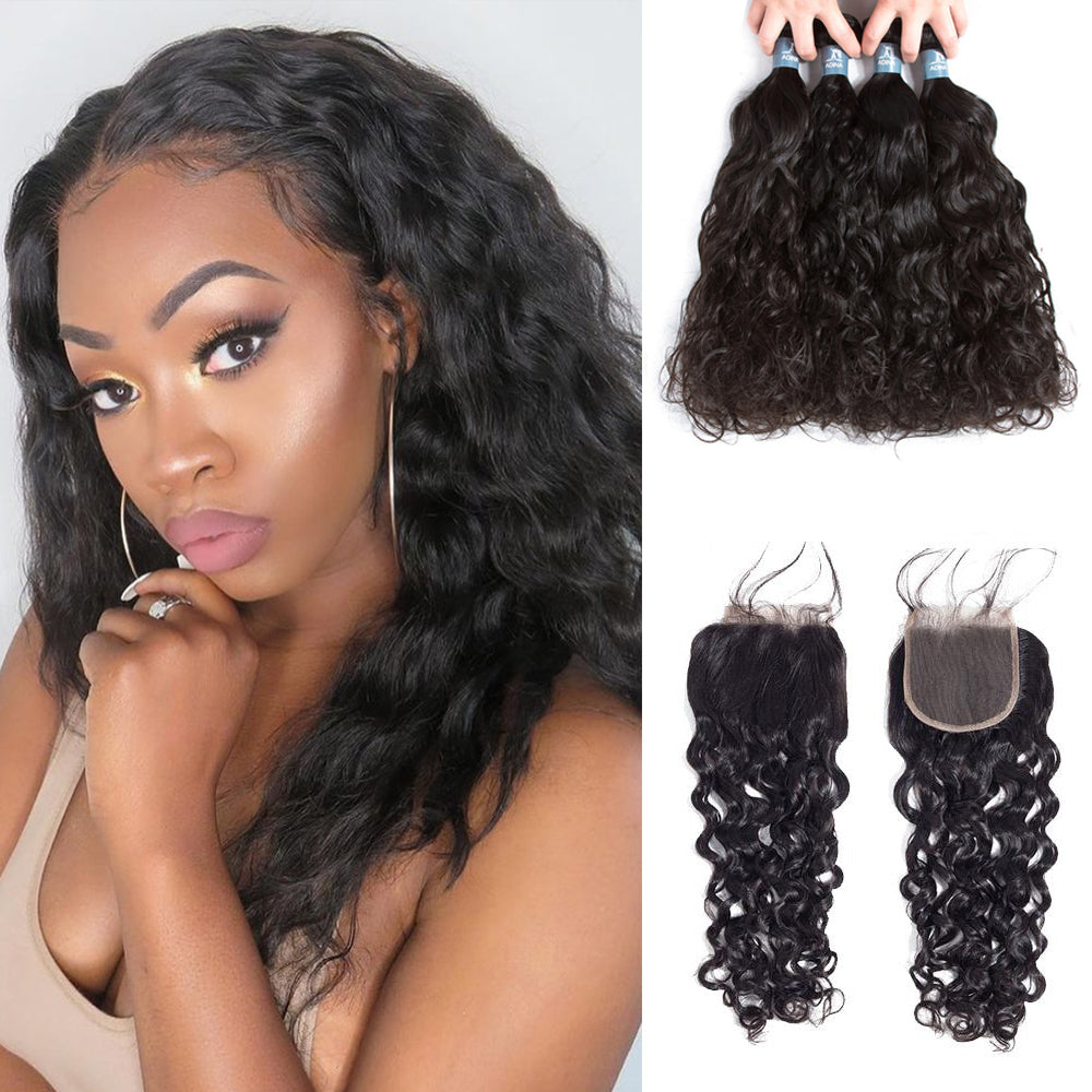Amanda Indian Hair Water Wave 4 Bundles With 4*4 Lace Closure  9A Grade 100% Unprocessed Human Hair