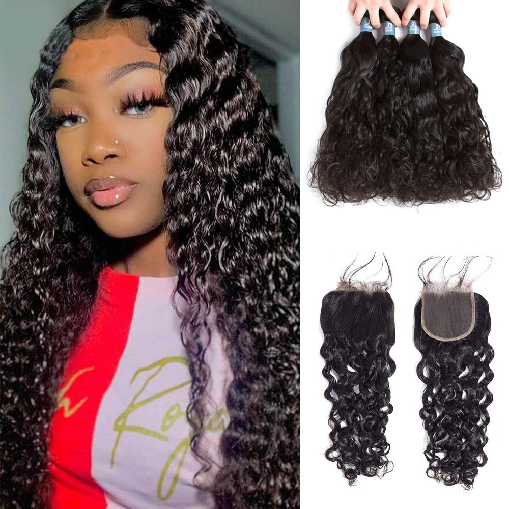 Water Wave 4 Bundles With 4*4 Lace Closure Brazilian Hair 9A Grade 100% Unprocessed Human Hair -Amanda Hair