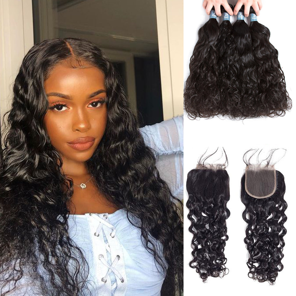 Amanda Mongolian Hair Water Wave 4 Bundles With 4*4 Lace Closure  9A Grade 100% Unprocessed Human Hair