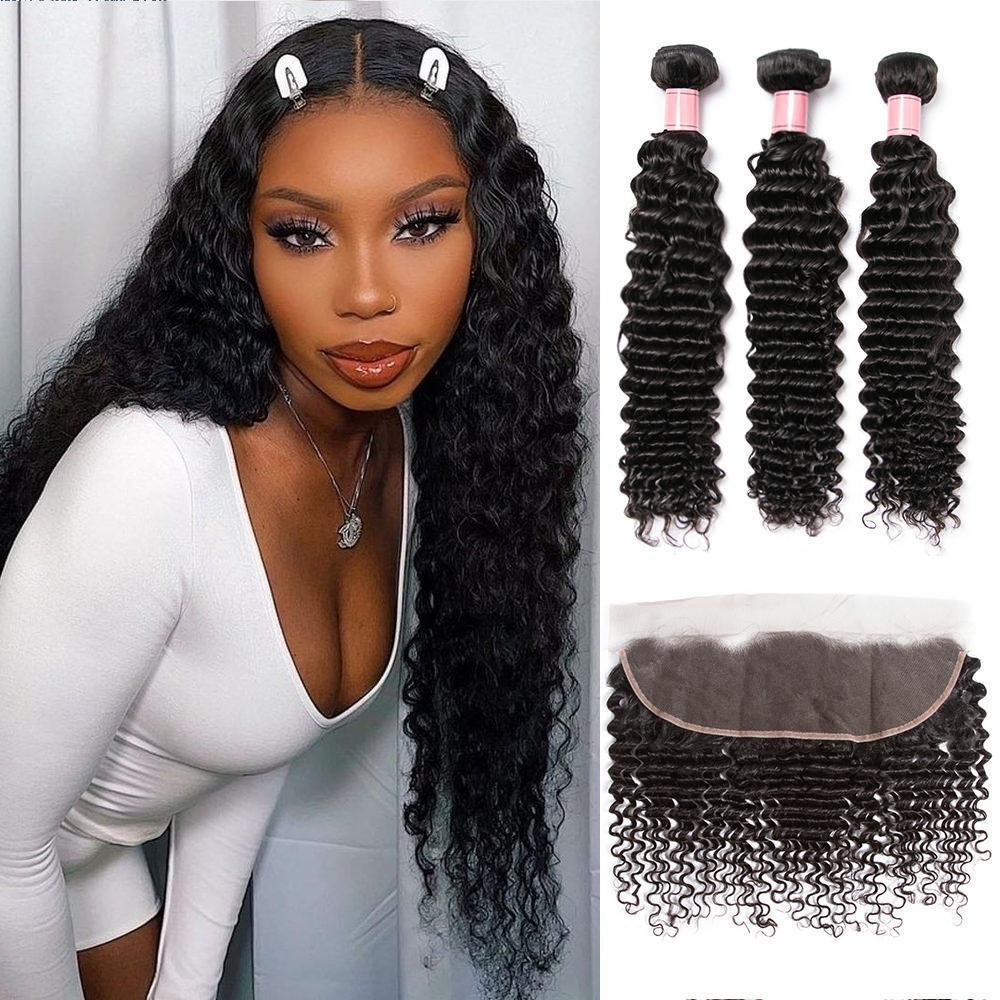 Deep Wave Brazilian Hair 3 Bundles With 13*4 Lace Frontal 10A Grade 100% Remi Human Hair Attractive Wave Hair - Amanda Hair
