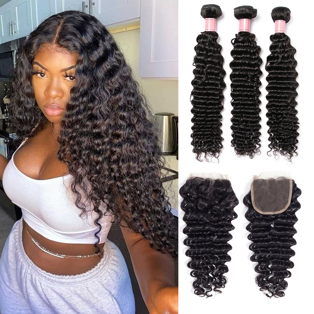 Deep Wave Brazilian Hair 3 Bundles With 4*4 Lace Closure 10A Human Hair Extensions-Amanda Hair