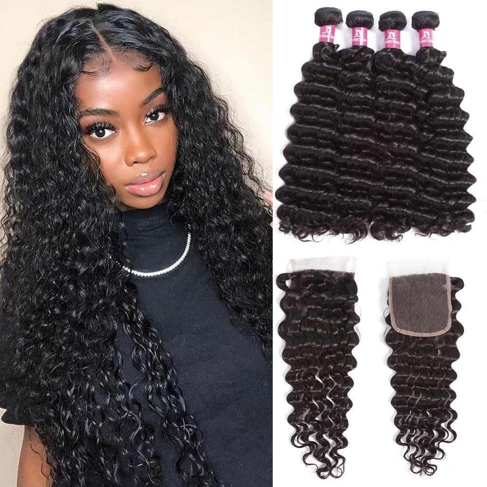 Deep Wave Brazilian Hair 4 Bundles With 4*4 Lace Closure 10A Grade 100% Remi Human Hair - Amanda Hair