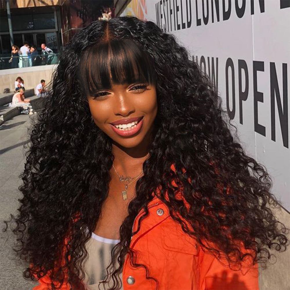 Long Curly Human Hair Wigs With Bangs-Amanda Hair