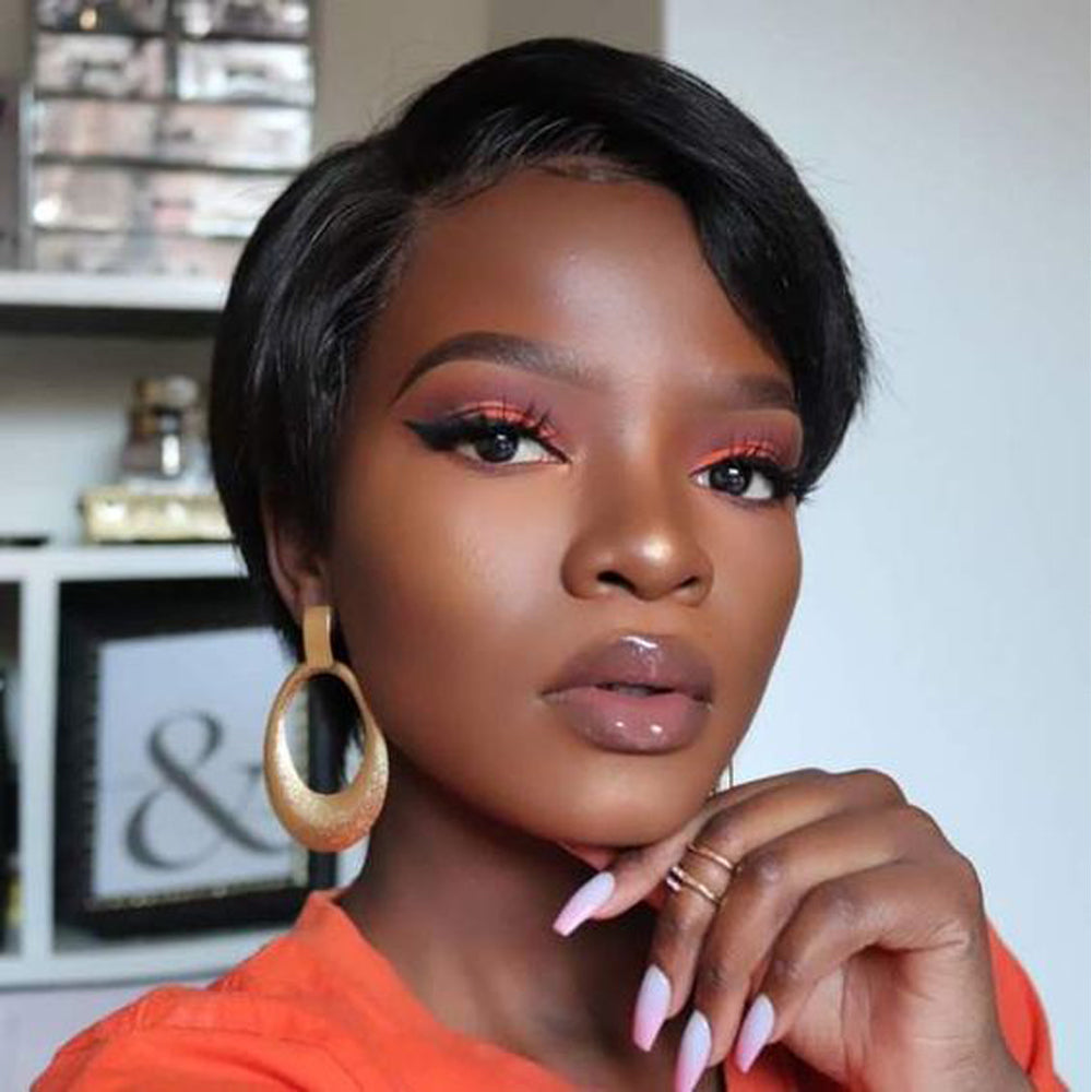 Straight Pixie Cut Wig 13*4 Lace Front Human Hair Pixie Wigs With Free Part Bangs - Amanda Hair