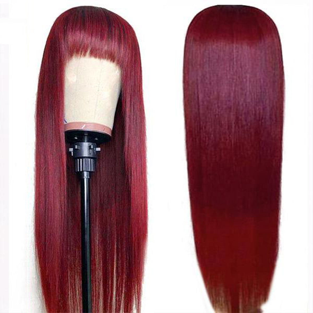 Amanda Glueless Straight Human Hair 99J Burgundy Color Full Machine Made Wigs With Bangs