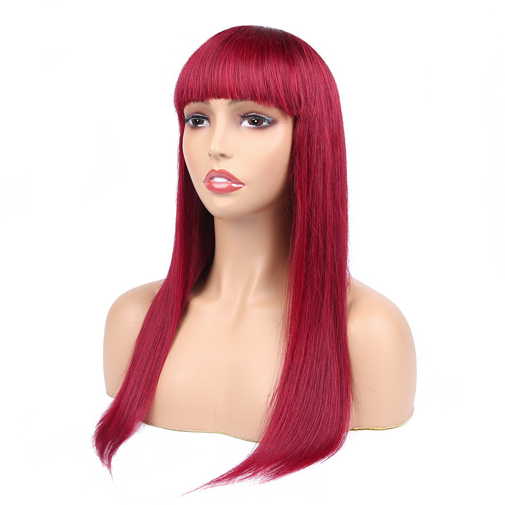 Amanda Glueless Straight Human Hair 99J Burgundy Color Full Machine Made Wigs With Bangs