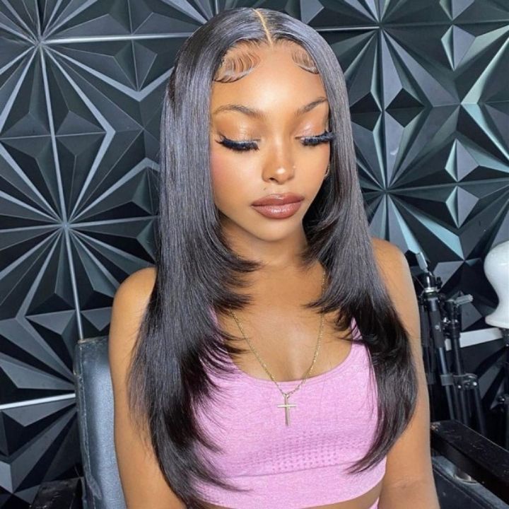 MaxPre 13x4 Glueless Butterfly Layered Haircut Yaki Straight Lace Wigs Nature Burmese Human Hair Wigs Throw On & Go Workout Wigs