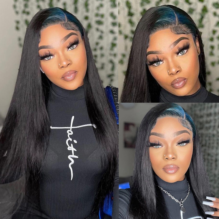 Billie Eilish Hairstyles Neon Blue Roots On Nature Black Hair Straight Wigs-Amanda Hair