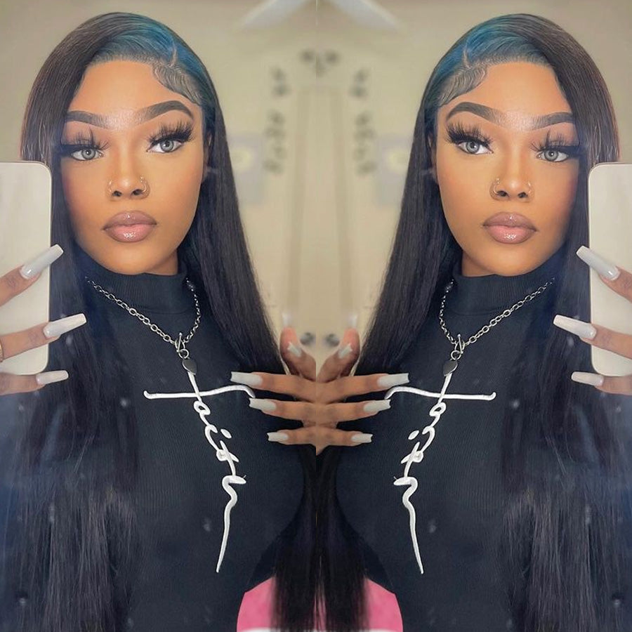 Billie Eilish Hairstyles Neon Blue Roots On Nature Black Hair Straight Wigs-Amanda Hair