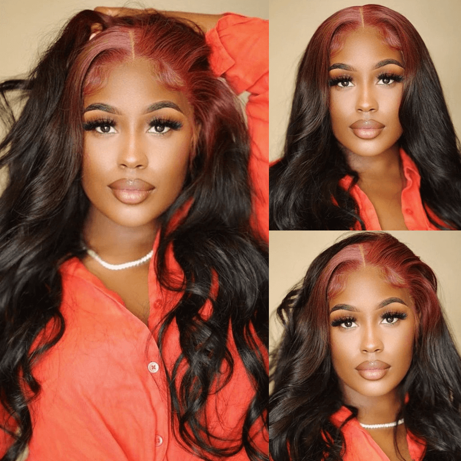 Billie Eilish Hairstyles Neon Red Roots On Nature Black Hair Body Wave Wigs-Amanda Hair