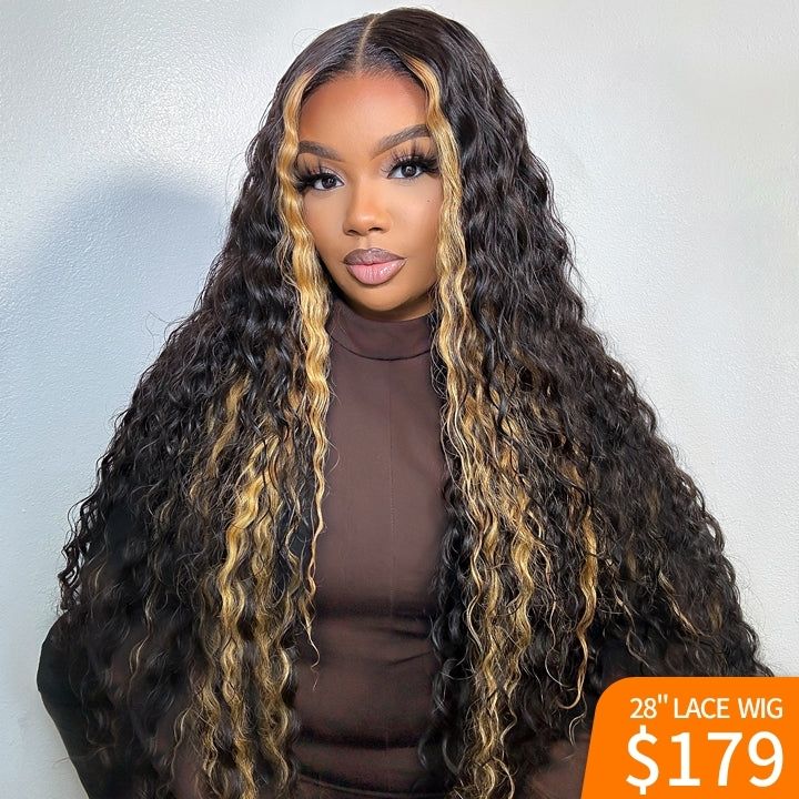 Put On and Go Glueless  Blonde Highlights on Luxurious Lace Frontal Deep Curly Wave Wig - Clear Transparent Lace Front/Closure Wig Same Price as Tiktok Flash Sale - Amanda Hair