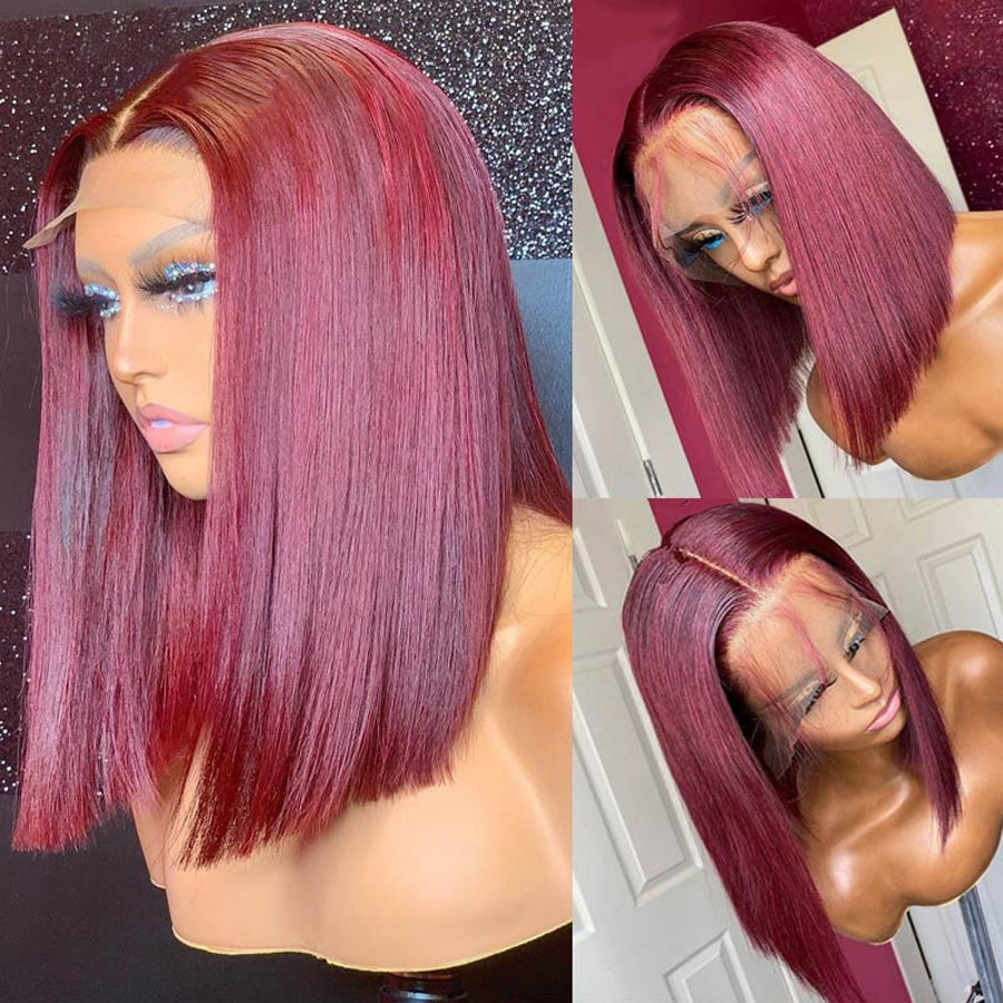 Transparent 13x4 Lace Closure Short Wig Burgundy 99J Straight Wig 100% Human Hair For Black Women-Amanda Hair