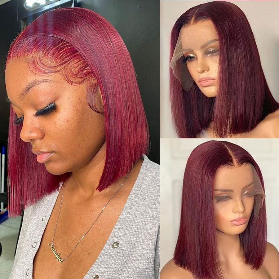 Transparent 13x4 Lace Closure Short Wig Burgundy 99J Straight Wig 100% Human Hair For Black Women-Amanda Hair