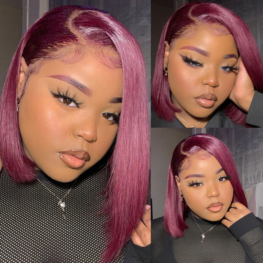 Transparent 13x4 Lace Closure Short Wig Burgundy 99J Straight Wig 100% Human Hair For Black Women-Amanda Hair