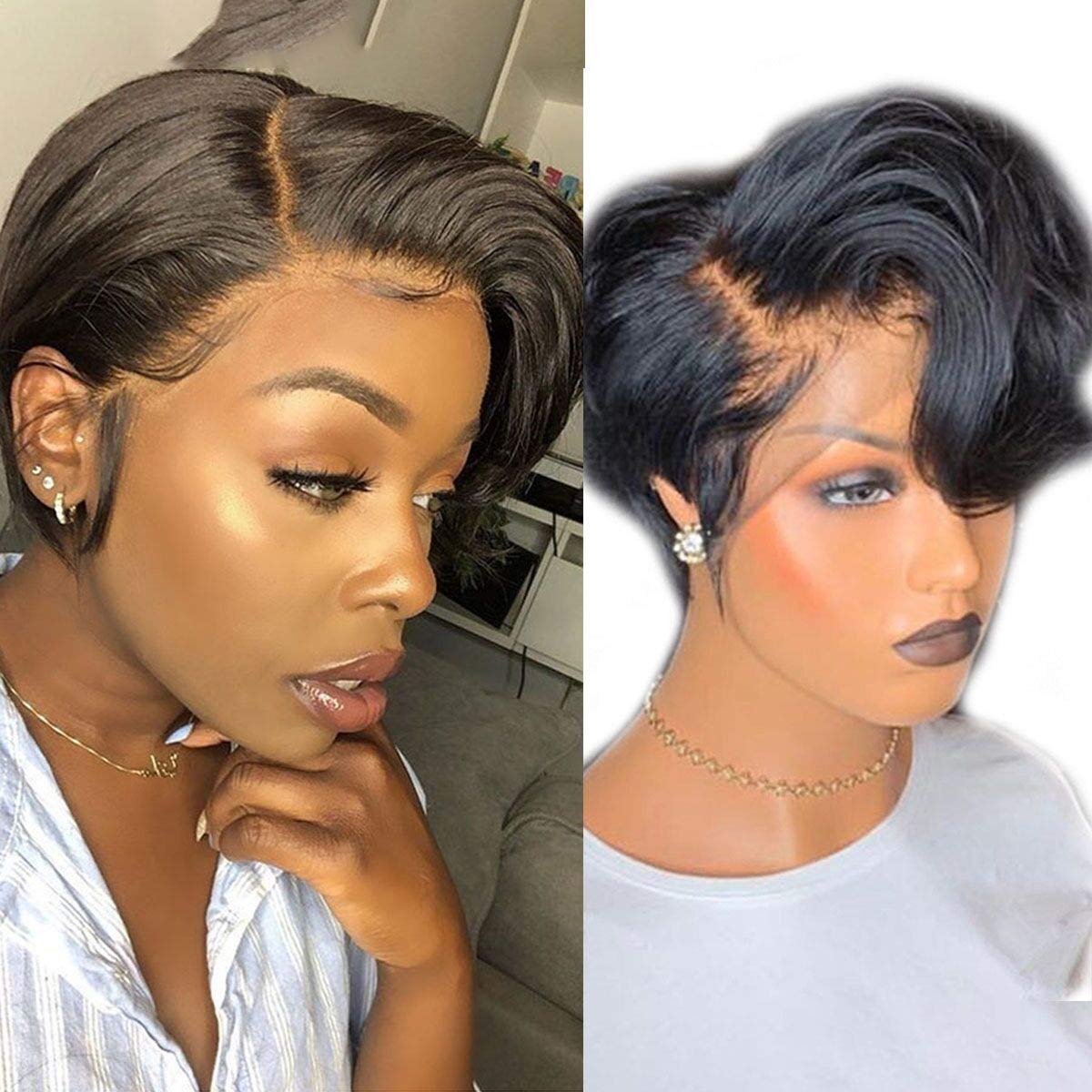 Straight Short Bob Side Part Lace Front Pixie Cut Wigs With Bang Cuticle Aligned Glueless Transparent 13*4 Lace Frontal Bob Wig - Amanda Hair
