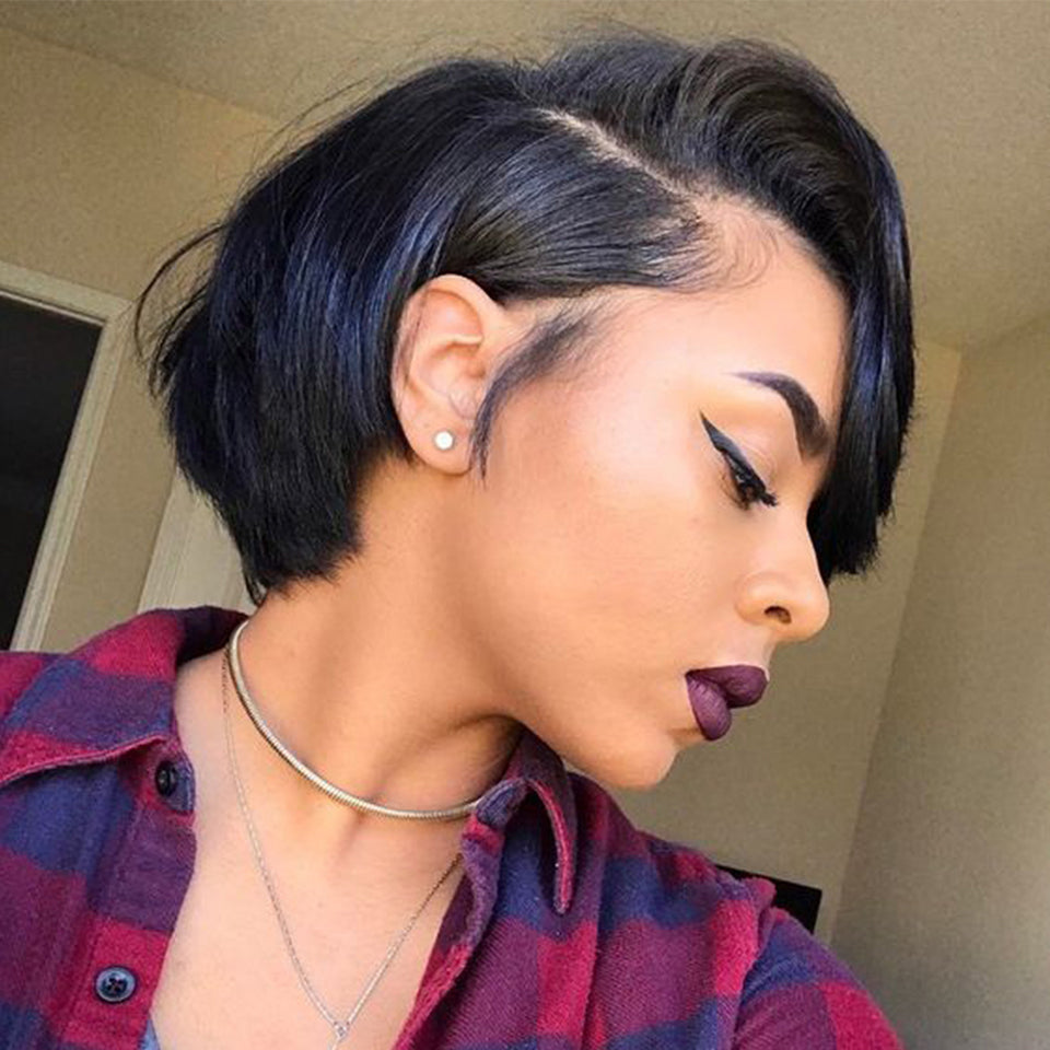 Straight Short Bob Side Part Lace Front Pixie Cut Wigs With Bang Cuticle Aligned Glueless Transparent 13*4 Lace Frontal Bob Wig - Amanda Hair