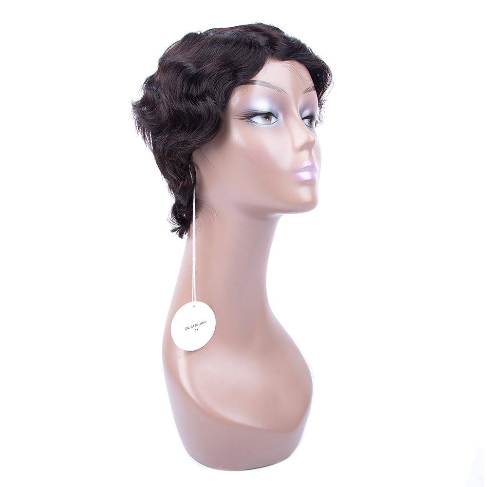 Pixie Cut Finger Wave Wig Machine Made Gluless Human Hair Wavy Wigs-Amanda Hair