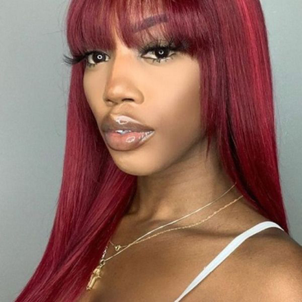 Amanda Glueless Straight Human Hair 99J Burgundy Color Full Machine Made Wigs With Bangs