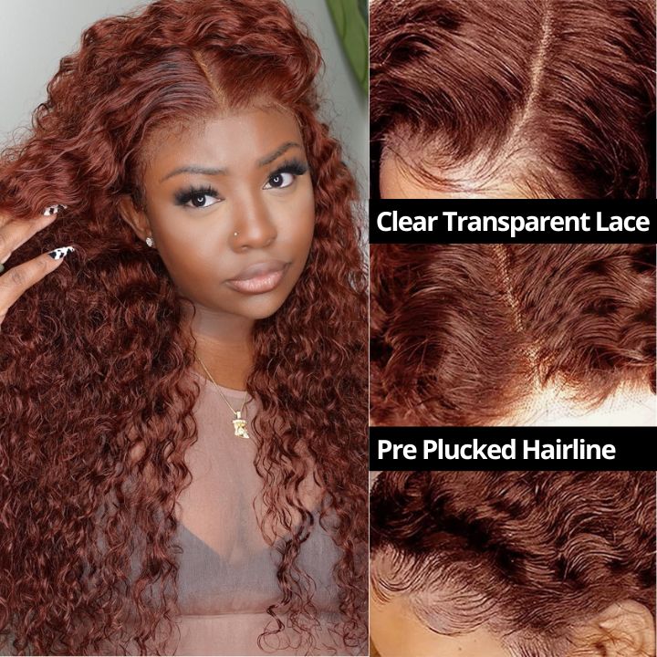 Copper Brown Spanish Curly Tranparent Lace Wigs Deep Hairline 100% Human Hair Auburn / Reddish Brown Lace Front Wigs-Amanda Hair
