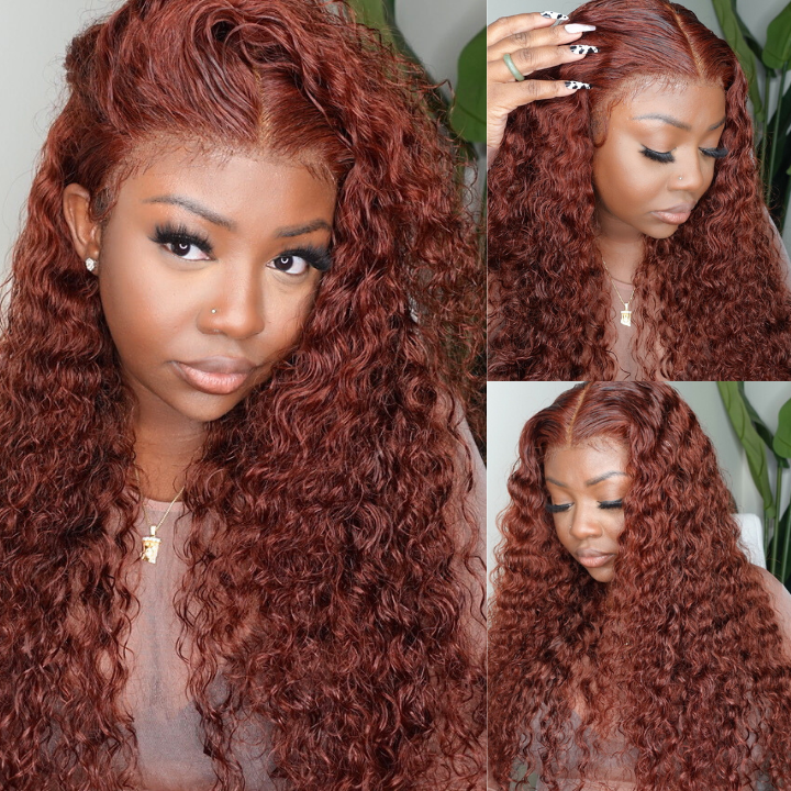 FLASH SALE $99 Copper Brown Spanish Curly Tranparent Lace Wigs Deep Hairline 100% Human Hair Auburn / Reddish Brown Lace Front Wigs-Amanda Hair