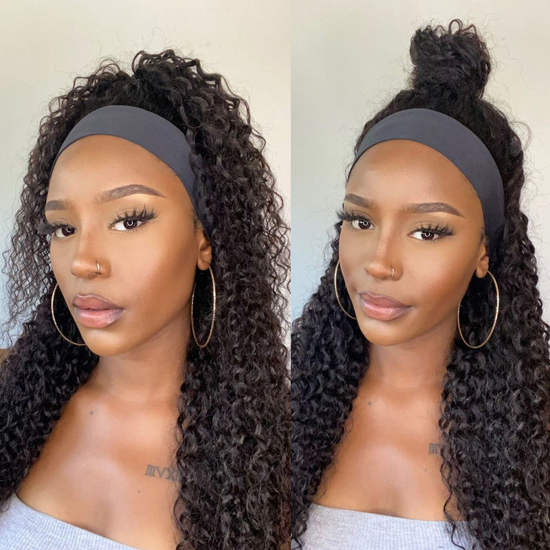 Amanda Glueless Jerry Curly Headband Human Hair Wigs Beginners Friendly Half Wig With Pre-Attached Scalf