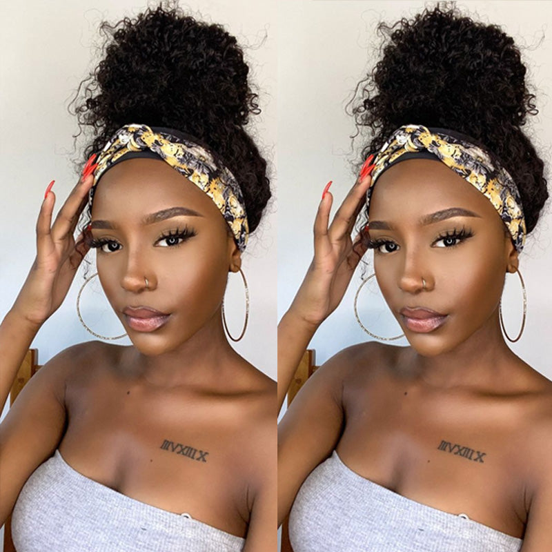 Amanda Glueless Jerry Curly Headband Human Hair Wigs Beginners Friendly Half Wig With Pre-Attached Scalf