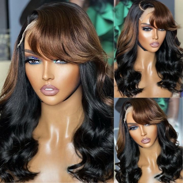 Flash Sale : Glueless Brown Mix Black Loose Wave Closure C Part Lace Colord Wig with Bangs-Amanda Hair