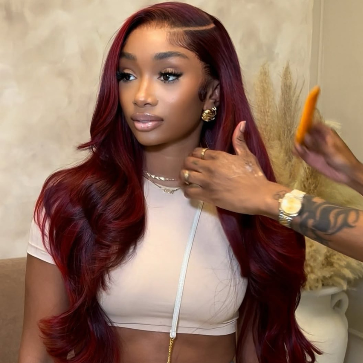 Glueless  13x4 Lace Frontal Wig Human Hair Wigs Dark 99J Burgundy Red Colored Body Wave Transparent Pre Plucked Lace Frontal Human Hair Wigs- Amanda Hair