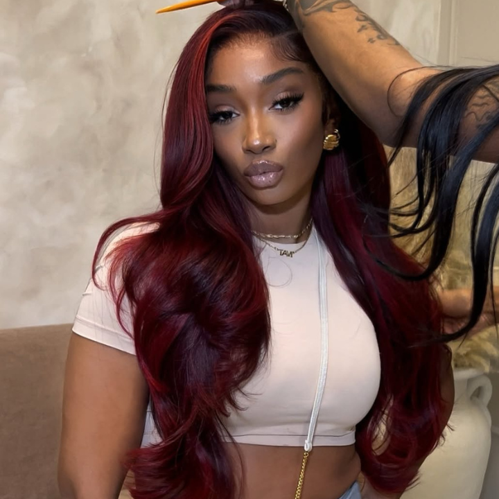 Glueless  13x4 Lace Frontal Wig Human Hair Wigs Dark 99J Burgundy Red Colored Body Wave Transparent Pre Plucked Lace Frontal Human Hair Wigs- Amanda Hair