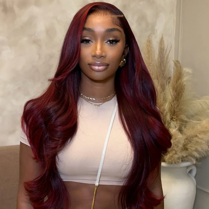 Glueless  13x4 Lace Frontal Wig Human Hair Wigs Dark 99J Burgundy Red Colored Body Wave Transparent Pre Plucked Lace Frontal Human Hair Wigs- Amanda Hair