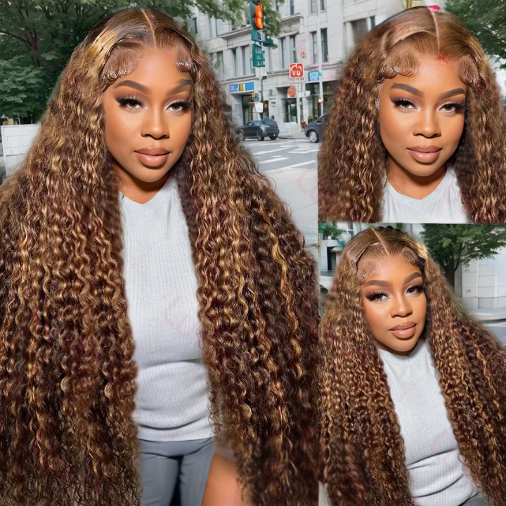 Glueless Highlight  Deep Wave Lace Front Human Hair Wig Ombre Blonde Lace Front Wig for Women-Amanda Hair