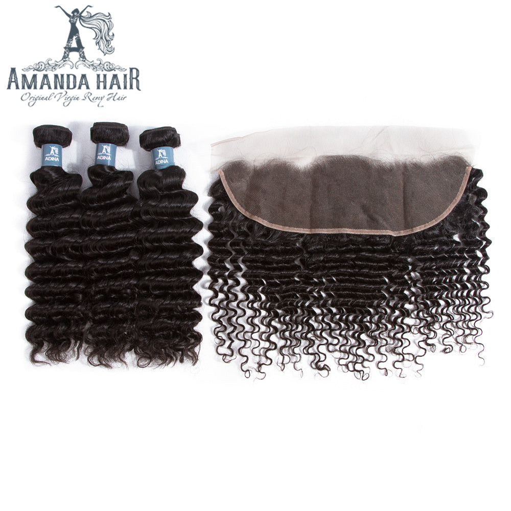 Amanda Peruvian Hair Deep Wave 4 Bundles With 13*4 Lace Frontal 9A Grade 100% Unprocessed Human Hair