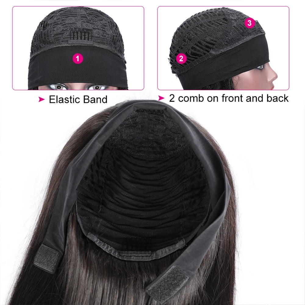 Amanda Headband Straight Human Hair Glueless Wig Natural Black Color With Pre-Attached Scalf